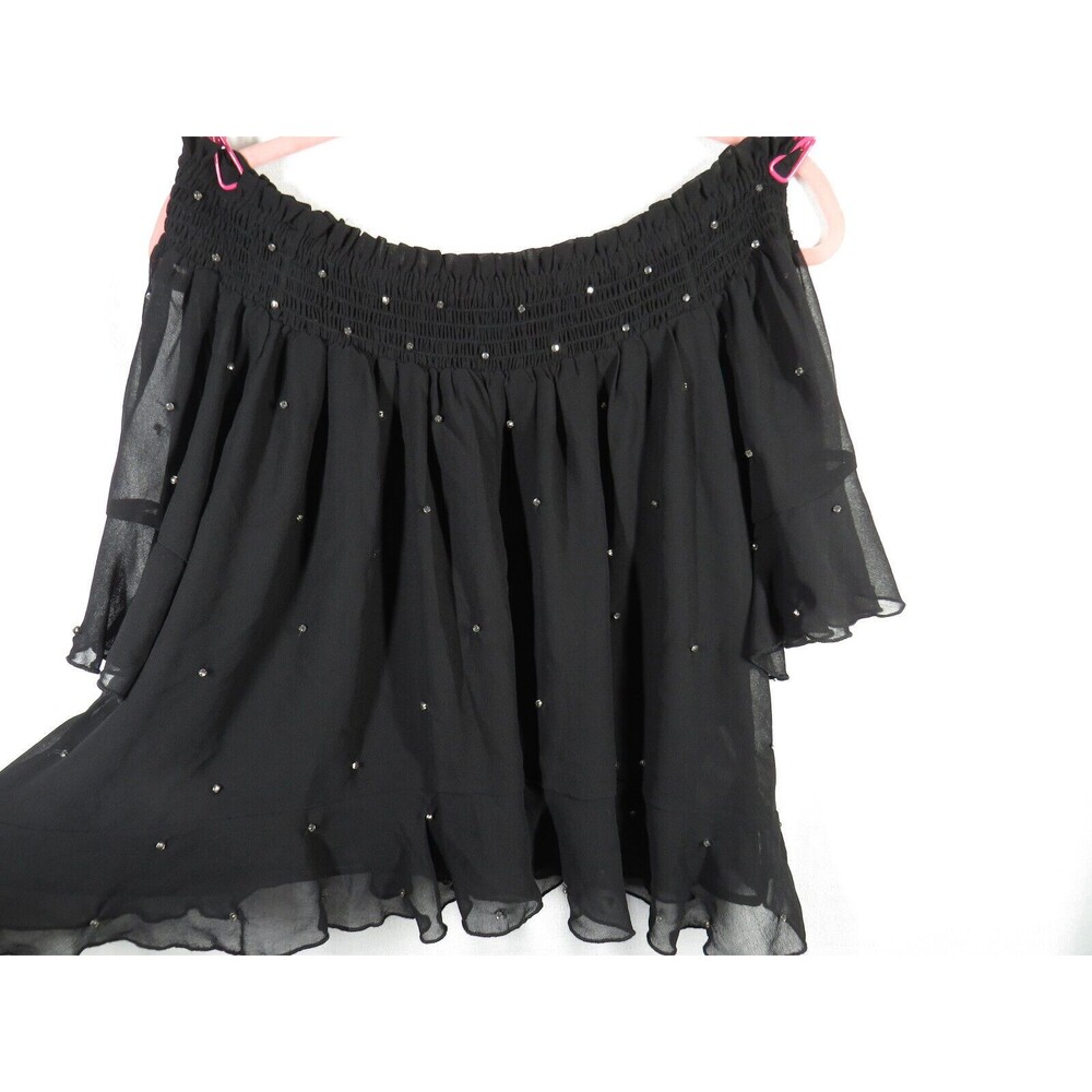 Zara Black Ruffle Sleeve Smocked Neck Rhinestone Blouse Size Small